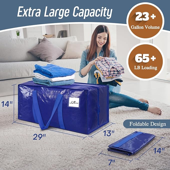 12 Pack Extra Heavy Duty Large Moving Bags with Strong Zipper, Blue | Comfortable Handles, Sturdy & Durable Clothes Storage Bags Totes Bins, Blue Packing Moving Boxes for College Supplies
