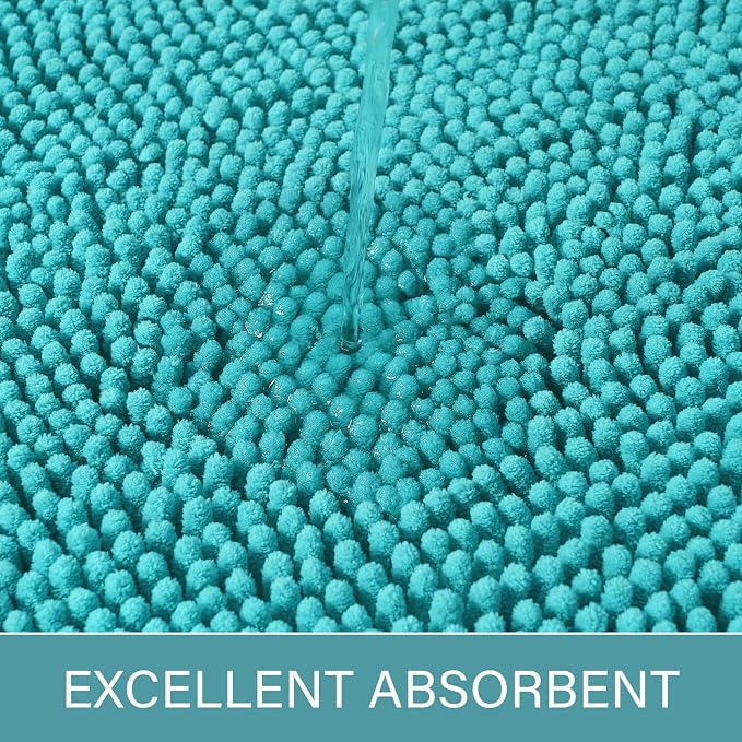 LOCHAS Luxury Bathroom Rug Shaggy Bath Mat 24 x 36 Inch, Teal Blue | Washable Non Slip Bath Rugs for Bathroom Shower, Soft Plush Chenille Absorbent Carpets
