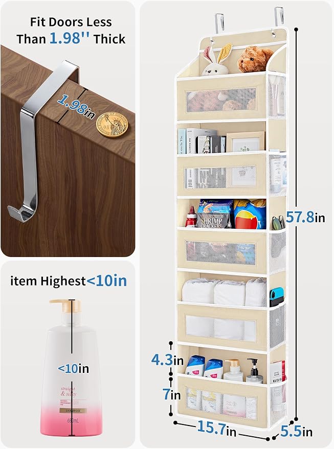 JARLINK Over the Door Organizer for Bedroom, Pantry Bathroom, 5 Shelf Beige | Anti-Tilt Design, 44 lb Load Capacity, Hanging Door Organizer with 5 Large Capacity Pockets, Behind Door Storage for Nursery