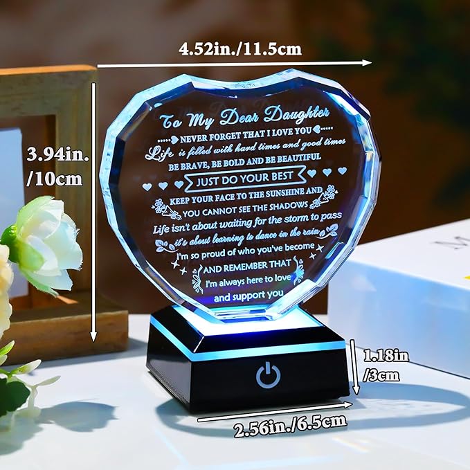 YWHL Meaningful Daughter Gifts from Mom Dad, Birthday Gifts for Adult Daughter Heart Crystal Keepsake with Colorful Light Base, to My Daughters Present on Christmas Graduation Valentine Day
