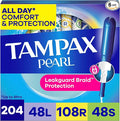 Tampax Pearl Plastic Tampons for Women Multipack, with LeakGuard Braid, Light/Regular/Super Absorbency, Unscented, 204 Count (6 Packs of 34)