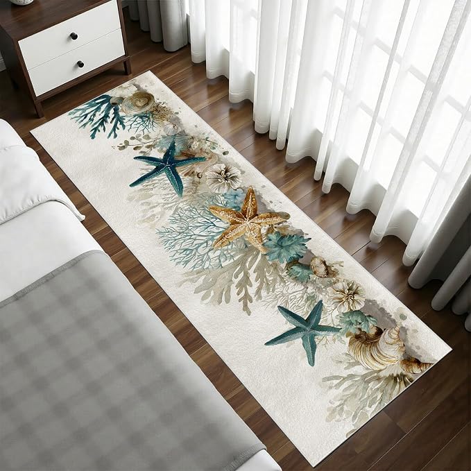 Starfish Coral Washable Runner Rug 2.6x7 - Ocean Seaside Entryway Rug, Ultra-Thin Kitchen Rugs, Marine Life Anti Slip Runner Rugs for Entrance Laundry Room Corridor Bedroom