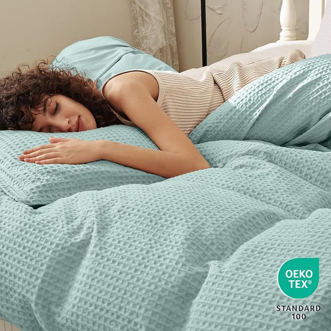 PHF Waffle Weave Duvet Cover Set Queen Size, No Snagging Ultra Soft Luxury Textured Breathable Comforter Cover for All Season 3pcs, Durable Bedding Duvet Set with 2 Pillow Shams, 90"x90",Aqua