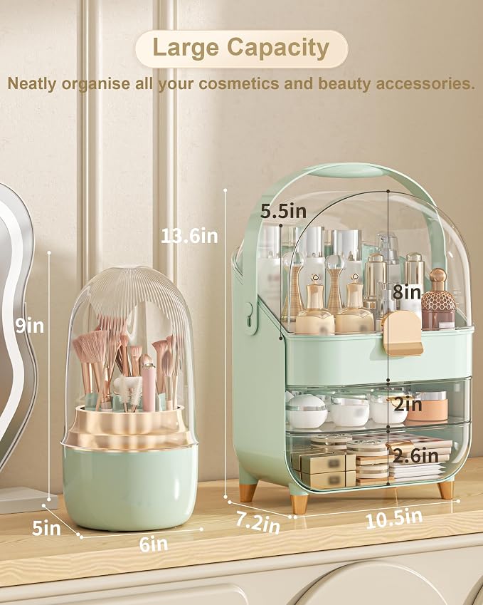 Makeup Organizer Countertop, Skincare Holder Bathroom Counter Organizer, Storage Box Cosmetic Display Cases, Teen Girl Gifts Make up Organizers (Green/Brush)