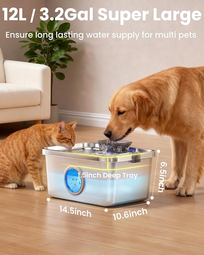 12L/3.2Gal Dog Water Fountain Elevated, Stainless Steel Pet Water Fountin with Adjustable Metal Stand, Raised Automatic Dog Water Bowl Dispenser for Large Dogs, Quiet Dog Fountain with Water Window