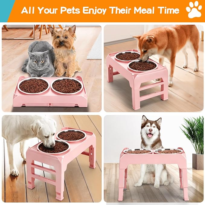 COMESOON Elevated Dog Bowls, 4 Height Adjustable Raised Bowl Stand with 2 Thick 50oz Stainless Steel Food Bowls Non-Slip Feeder Adjusts to 3.7'', 9.2'', 10.75'', 12.36'' Pink