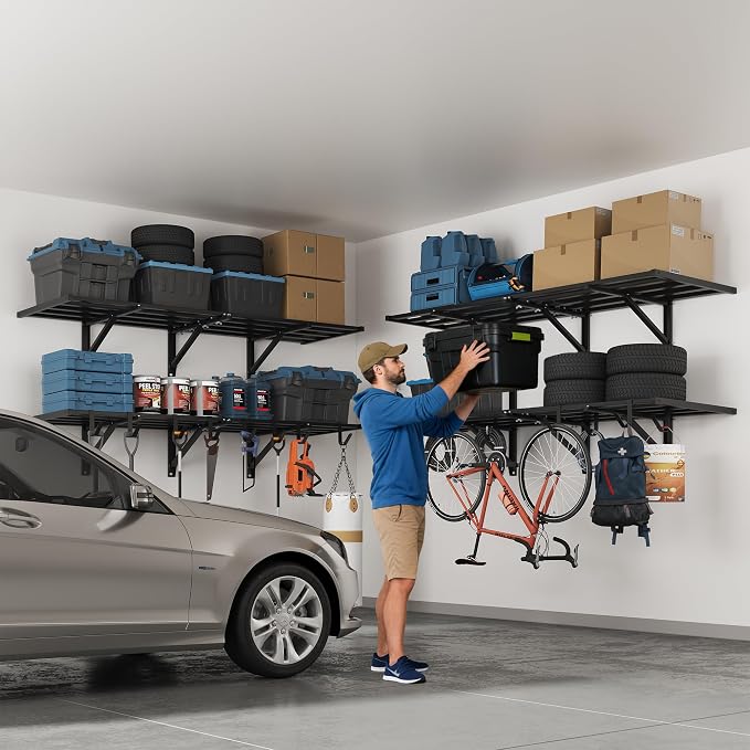 FLEXIMOUNTS 2-Pack 2x6ft Heavy Duty Garage Wall Shelving, 1200lbs Capacity, Garage Shelving Wall Mounted with 8 Hooks, Storage for Power Tools, Garden Supplies, Storage Bins, Lite Series