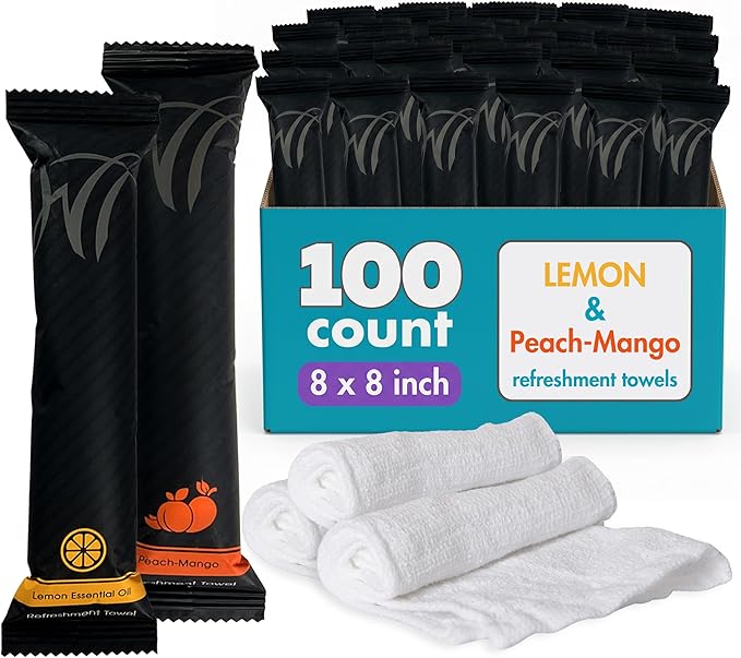 White Towel Services 8" x 8in Moist Cotton Towel Individually Wrapped - Lemon and Peach-Mango (Case of 100) - Single-Use Oshibori Style Cotton Hospitality Towels