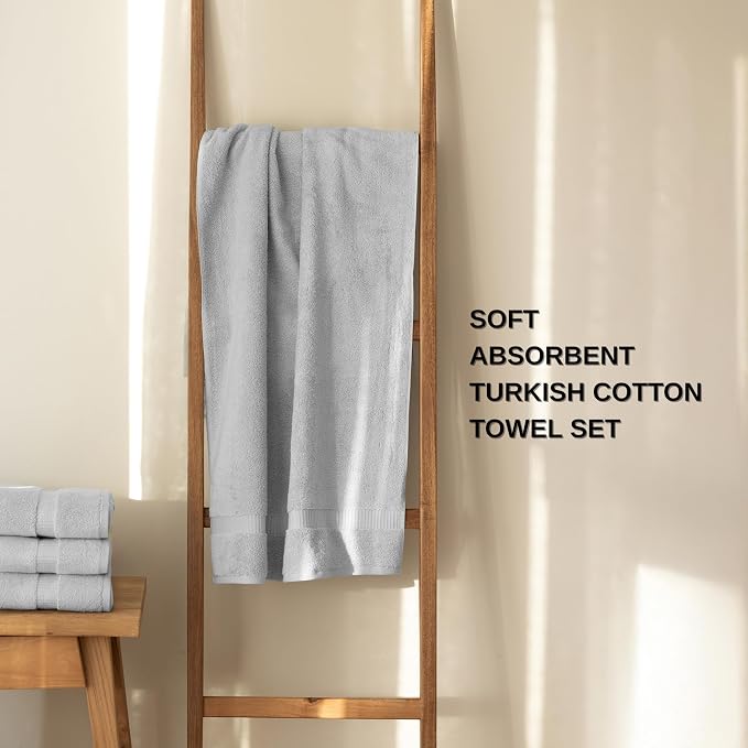 SALBAKOS 100% Turkish Cotton Bathroom Towel Set of 6-Piece, Silver | 630 Gsm Thick Super Soft Highly Absorbent 2 Bath + 2 Hand + 2 Washcloth Towels Sets, Giftable, Hotel Quality, Made in Turkey