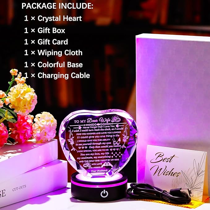 Arikyrist Gifts for Wife with Colorful LED Base Romantic Wife Anniversary Birthday Gift Ideas Crystal Heart to My Wife Gifts from Husband on Valentine's Day Christmas Mother's Day