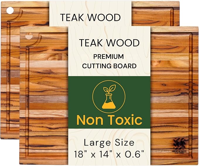 Set of 2 Premium Teak Wood Cutting Board, 18" x 14" x 0.6" Thin Solid Hardwood for Meat, Fruit, Bread & Cheese Prep w/Deep Juice Groove, Non-Toxic, BPA/Plastic Free by New M Way