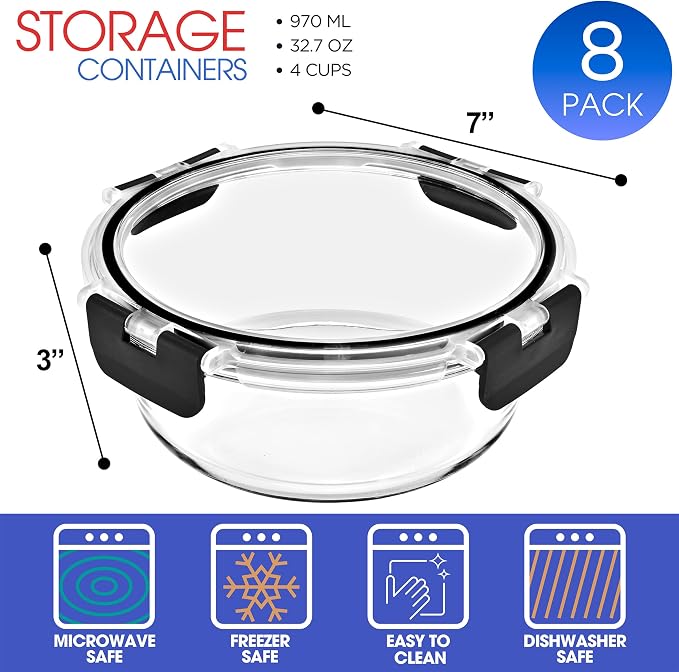 Sorbus Glass Meal Prep Containers Set – 8 Round 32oz Containers with Airtight Lids – Freezer, Dishwasher, Oven Safe – Reusable Food Storage Bowls