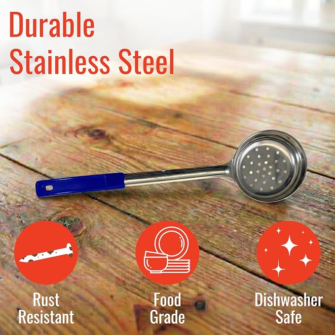 8 oz Slotted Stainless Steel Portion Control Ladle Spoon | Commercial-Grade Spoodle for Portioning & Draining - Pasta, Veggies & Buffet Service. Color-Coded by Size. Dishwasher Safe.