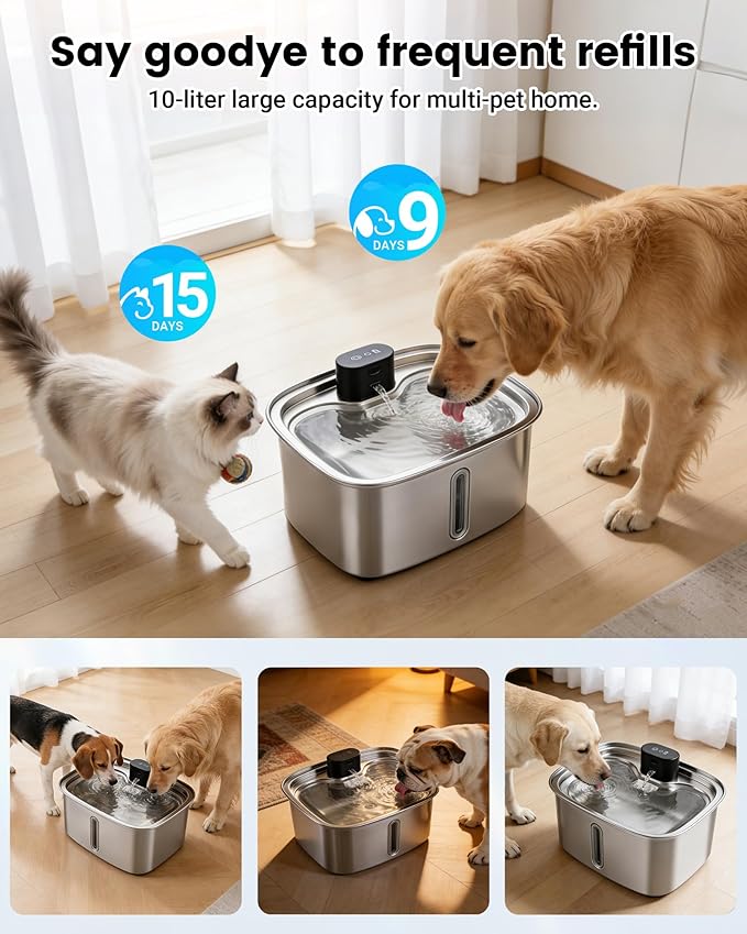 Smart Dog Water Bowl Dispenser Large, 10L/ 2.64Gal Cordless Dog Water Fountain Stainless Steel with APP Monitoring, 4000mah Automatic Cat Water Fountain for Mutil-Pets Large Dogs, 3 Fountain Modes