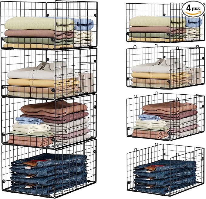 4-Tier Stackable Closet Organizers and Storage Shelves, Foldable Closet Shelf Organizer System, Stackable Storage Bins Drawers for Closet Organizer System, Black(Patent 30022416, 15.7"x11.8"x34.64")