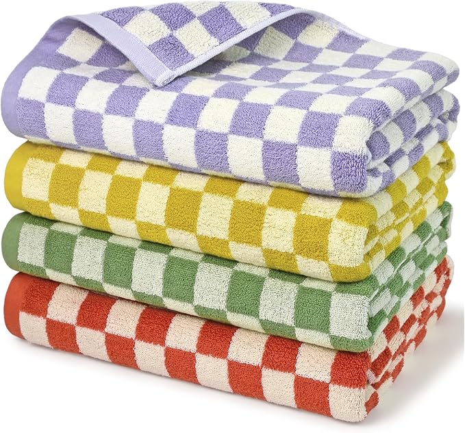 Checkered Bath Towels Set of 4 - Cotton Towels for Bathroom, Beach, Pool | Shower Towels (Purple, Yellow, Green, Orange), 520GSM