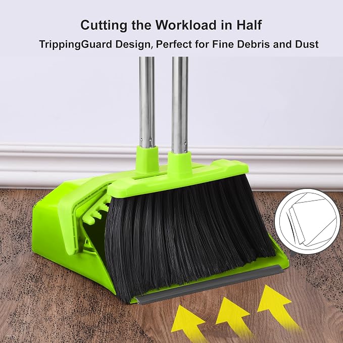Tiumso Upgrade Broom with Dustpan Combo Set, Broom and Dustpan Set with 51'' Long Handle, Large Upright Brooms and Dust Pans, ZeroGap Lip, Self-Cleaning Teeth for Lobby and Restaurant - Light Green