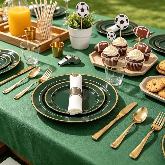 WDF Partyware 350PCS Green and Gold Plates - Green Plastic Plates 50Guests Plastic Plate with Rolled Napkins for Party/Birthday/World Cup 2026