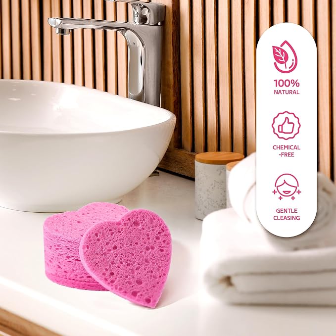 GAINWELL 50-Count Heart Shape Compressed Facial Sponges for Daily Facial Cleansing and Exfoliating, 100％ Natural Cosmetic Spa Sponges for Makeup Remover