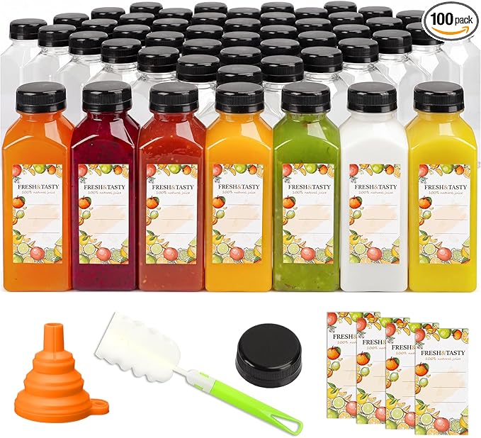 TOMNK 100pcs Juice Bottles, 12oz Plastic Bottles with Caps, Reusable Juice Bottles with Caps Clear Bulk Beverage Containers with Lids, Label, Funnel and Brush for Juicing, Milk, Smoothie and Beverages