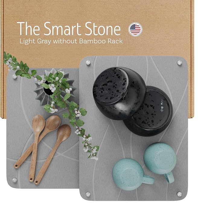 Nested Stone Drying Mat for Kitchen Counter | Large 16"x12" Dish Drying Mat plus 13"x12" Diatomaceous Earth Stone Dish Drying Mat | Expands to 29” x 12” | Premium Stone Mat (Light Gray)