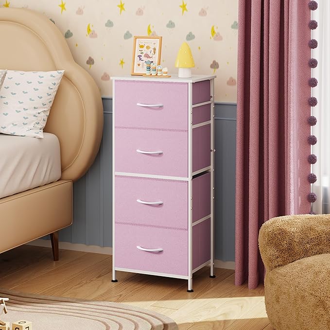 WLIVE Small Dresser Nightstand for Bedroom, 4 Drawers, A-Pink | 4 vertical fabric drawers, Space-saving tower, Bedroom or closet use, Chest of drawers, Dresser for small spaces