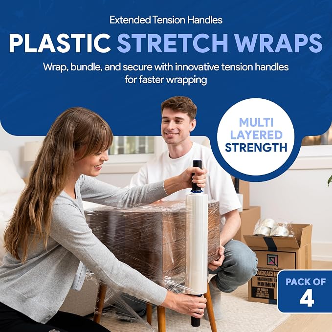 International Plastics Co. 15" Plastic Stretch Film Wrap with Extended Handles 1200ft Each 500% Stretch Clear Cling Durable Adhering Packing Moving Packaging Heavy Duty Shrink