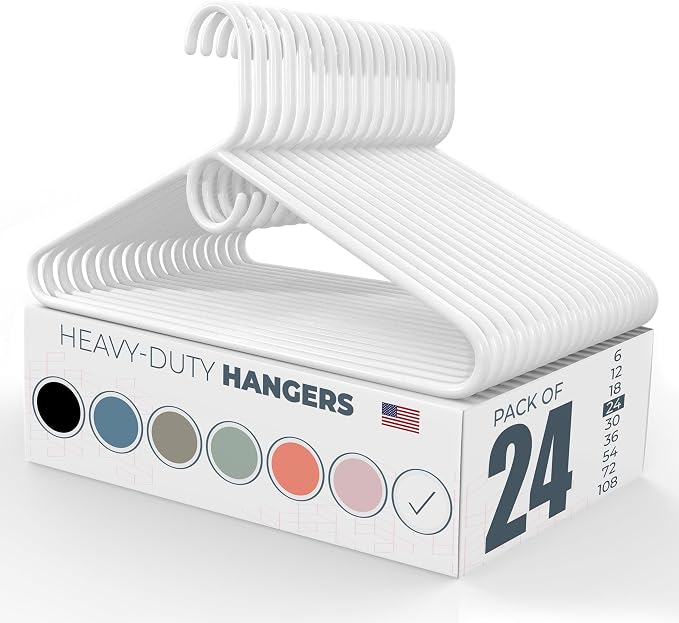Heavy Duty Clothes Hangers 20 Pack (24 Count) – Made in the USA – 8lb Capacity Plastic Hangers for Adult Clothing – Durable for Pants, Coats, Jackets, or Jeans – White