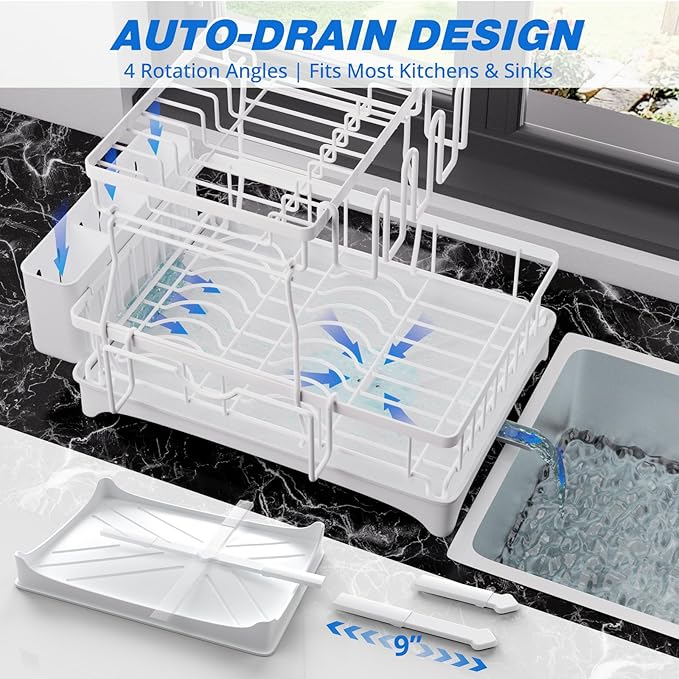 Godboat 2-Tier Dish Drying Rack - Dish Rack with Auto Drain-to-Sink & Mat | Dish Racks for Kitchen Counter, Dish Drainer with Knife Fork & Cup Rack, Gifts for Women, Mothers Day, Kitchen Gadgets, White