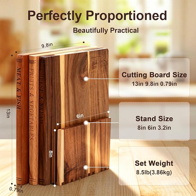 Book Cutting Board Set of 3 – Newly Upgraded and Thickened Chopping Boards Premium Acacia, Ebony & Rubberwood，with Display Stand，Ideal Gift & Kitchen Decor