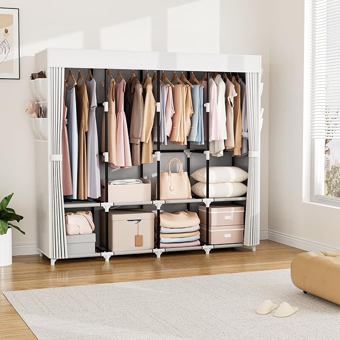 VTRIN Portable Closet for Hanging Clothes 67 Inch Wide Large Capacity Portable Wardrobe Closet with Cover, 4 Storage Shelves and 4 Hanging Rod Sturdy Free Standing Closet for Bedroom, White
