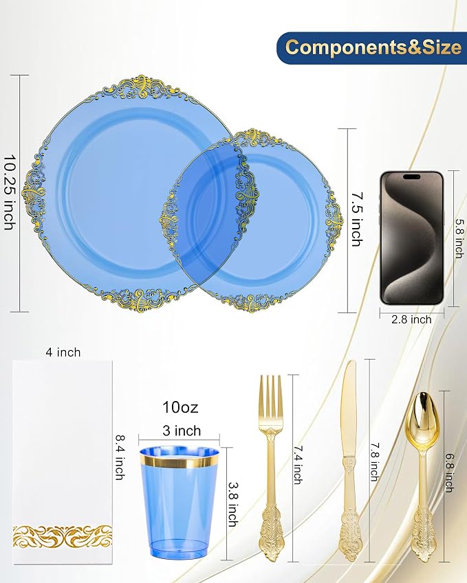 Nervure 350PCS Blue Plastic Plates - Blue Plastic Dinnerware Sets for 50 Guests - 100 Disposable Plates, 150 Gold Silverware, 50 Cups, 50 Napkins for Wedding & Party