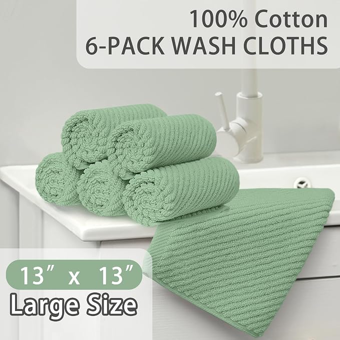 VOOVA & MOVAS Face Towels 6PC, 100% Cotton, 13x13 in, Mint Green | Quick Dry, Thick, Soft, Absorbent, Luxury Face Towels For Bathroom & Showering, Bathroom Decor