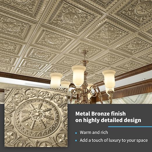 Art3d Drop Ceiling Tiles, Glue up Ceiling Tiles, 2'x2' Plastic Sheet in Antique Gold (12-Pack, 48 Sq.ft)