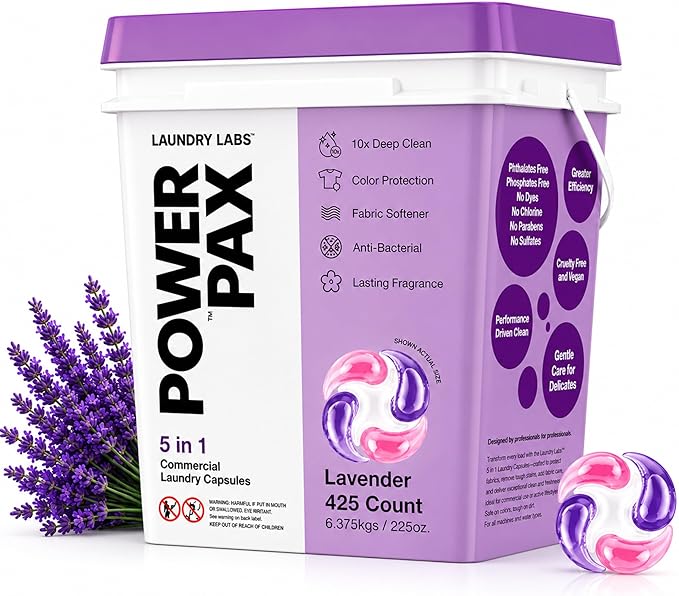 PowerPax 5-in-1 Laundry Detergent Pods - 425 Count, Washer Pods with Stain Remover, Odor Control, Fabric Softener & Color Care for Commercial Laundry - Lavender