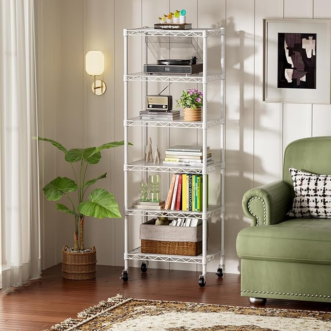 SINGAYE 6 Shelves Storage Shelf Wire Shelving Unit Metal Adjustable Wheels | Small Shelf Storage with Wheels Organizers Closet Unit for Bathroom Laundry Room Kitchen Pantry11.5D x 17.5W x 61.5H White