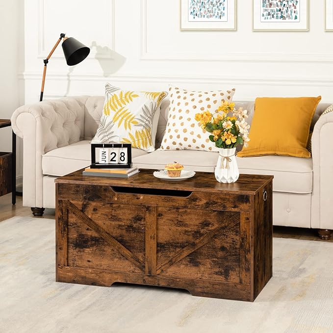 HOOBRO Storage Bench, 39.4” Retro Wooden Storage Chest with U-Shaped Cut-Out Pull, Safety Hinge, Supports 220 lb and Easy Assembly for Toy Box Organizer (Rustic Brown) BF771CW01G1