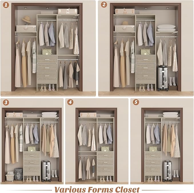 Besiost 4FT Small Closet System with 3 Fabric Drawers, 48'' Closet Organizer System With 3 Adjustable Shelves, Flexible Built-In Clothes Garment Rack for Small Space, 48"L x 13"W x 71"H, White Oak