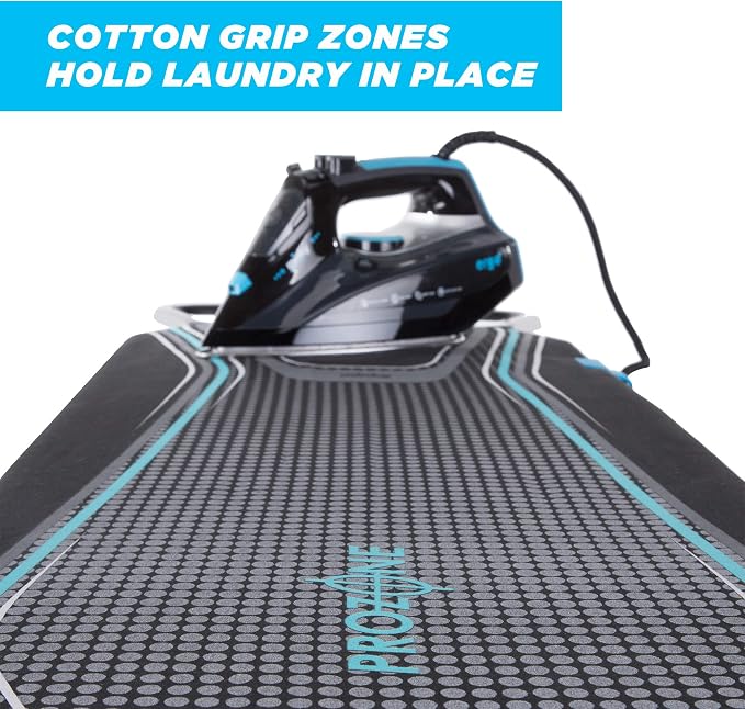 Minky Ergo Prozone Ironing Board | Made in UK | Dual Iron Rest, Heat Reflective Cover, Thick Felt Underlay - Freestanding Ironing Board with Large 48" x 15" Ironing Surface (Gunmetal and Blue)