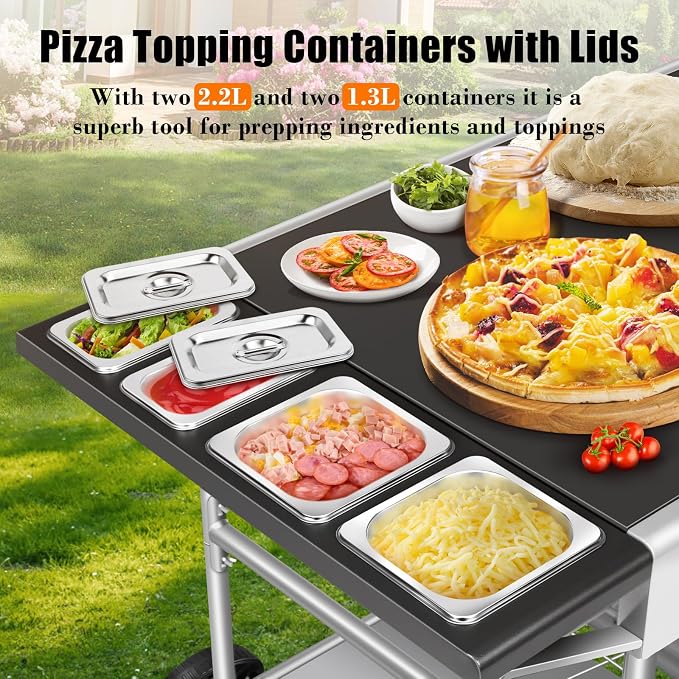 50"x 25" Pizza Oven Table,Outdoor Pizza Cart with Topping Station Grill Table Stand with Wheels for Ninja, Blackstone Griddle, Ooni, Gozney, Cuisinart.