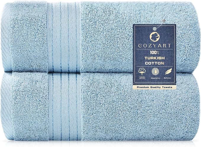 COZYART Luxury Bath Towels 2 PCS, Light Blue 100% Turkish Cotton 650 GSM | OEKO-Tex 100 Certified Zero Twist Ring Spun, Soft Absorbent Quick Dry, Plush Fluffy, Breathable Hotel Quality for Daily Use