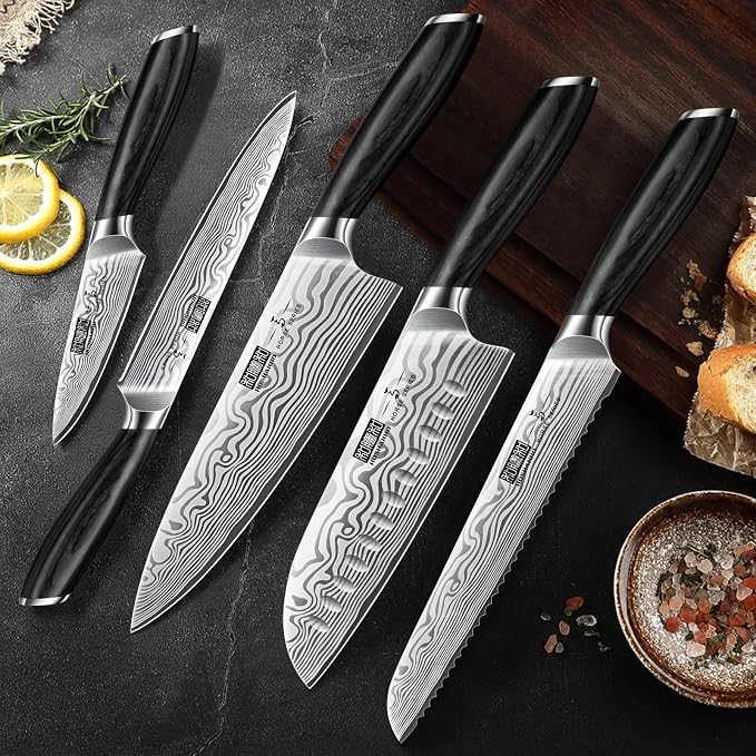 HOSHANHO 5 Pieces Knife Set, High Carbon Powder Steel Forged Chef Knife Set | Japanese Kitchen Knives Set with Ergonomic Pakkawood Handle, Ultra Sharp Kitchen Gadgets with Gift Box for Men and Women