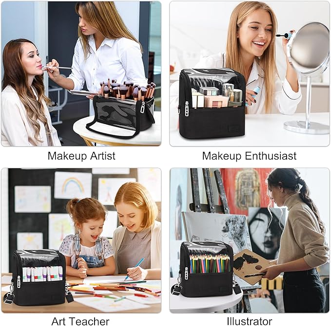 Makeup Brush Bag, Makeup Brush Holder Travel Stand-up Makeup Cup Large Makeup Brush Organizer Case Professional Cosmetic Bag Artist Storage Bag with Adjustable Divider (Large, Black)