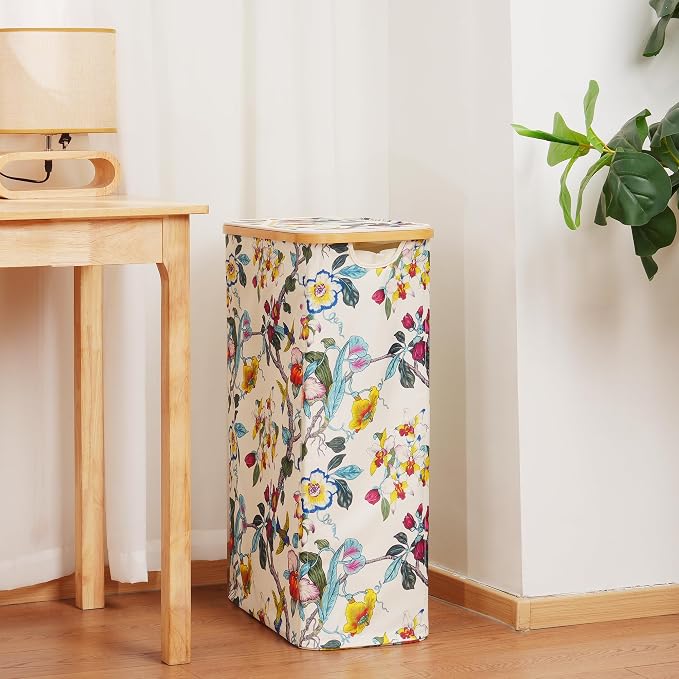 efluky Slim Laundry Basket with Lid, Narrow Laundry Hamper with Removable Bag, Skinny Dirty Clothes Basket with Bamboo Handles for Bathroom, Bedroom & Laundry Room, 75L Floral