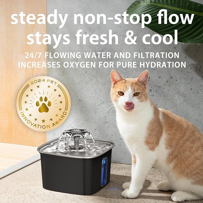 Veken Innovation Award Winner Stainless Steel Cat Water Fountain, 108oz | Automatic Pet Fountain Dog Water Dispenser with Replacement Filters & Silicone Mat for Cats, Dogs (Space Black)