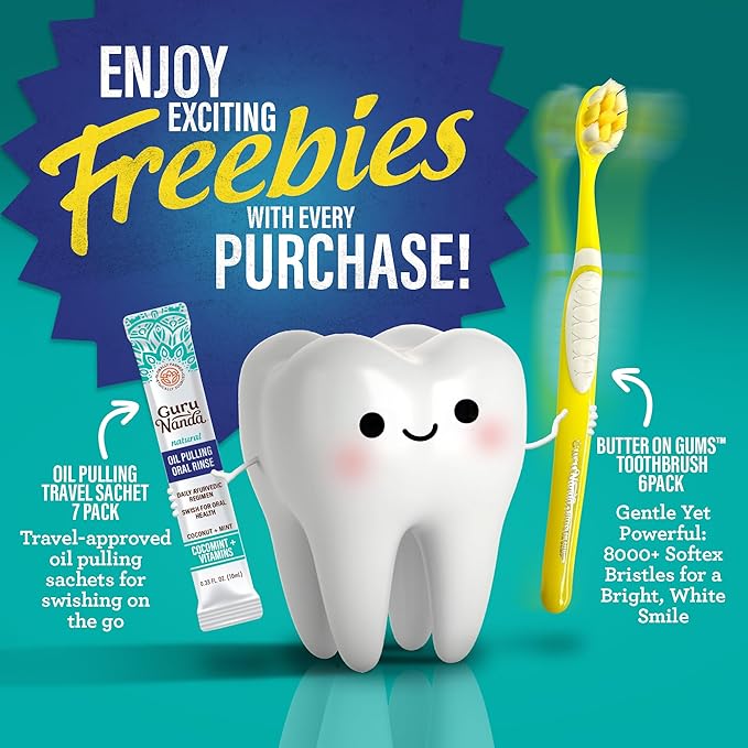 GuruNanda Total Smile Makeover Kit Regular with Cocomint Oil Pulling, Dual Barrel Whitening Mouthwash, Whitening Strips & Butter on Gums Toothbrushes