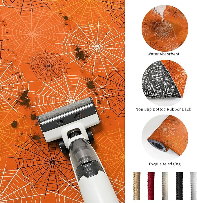 Entryway Area Rug 2'x3', Orange Halloween Washable Small Area Rugs for Kitchen Bathroom Bedroom Office Laundry, Black White Net Halloween Non Slip Door Mat Indoor Entrance Floor Throw Carpet