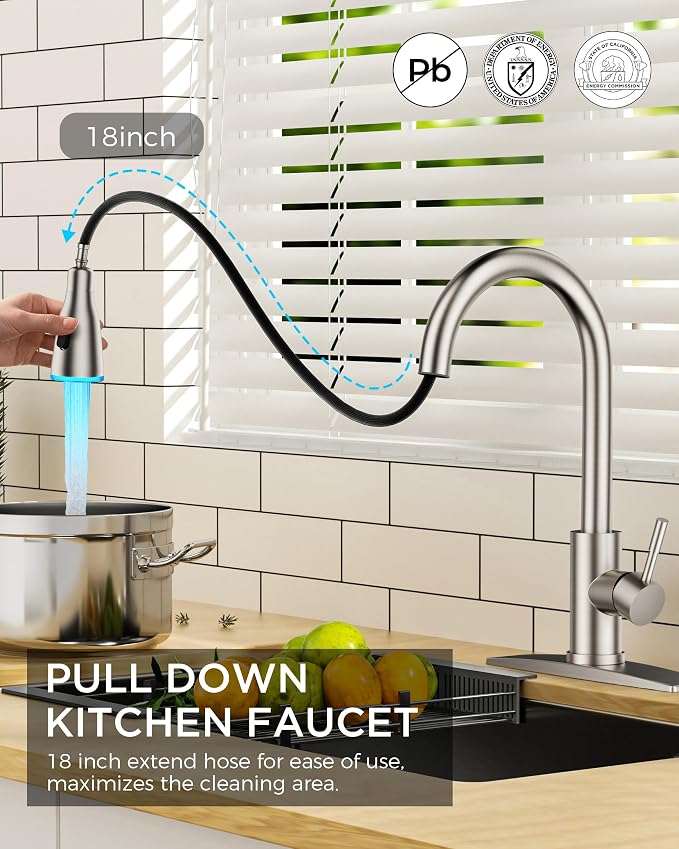 FORIOUS LED Kitchen Faucet with Pull Down Sprayer, Brushed Nicke Single Handle Stainless Steel Traditional Sink Faucets with LED Light Sprayer Head, Suitable for Farmhouse Laundry Camper Rv Bar