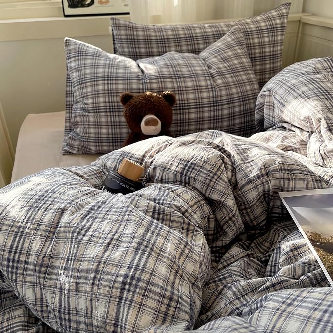 mixinni Twin XL Duvet Cover Set - 3 Piece Vintage Buffalo Plaid Bedding, 100% Washed Cotton Duvet Cover with 2 Pillowcases, Soft & Breathable Navy Beige White Geometric Grid Pattern for All Seasons