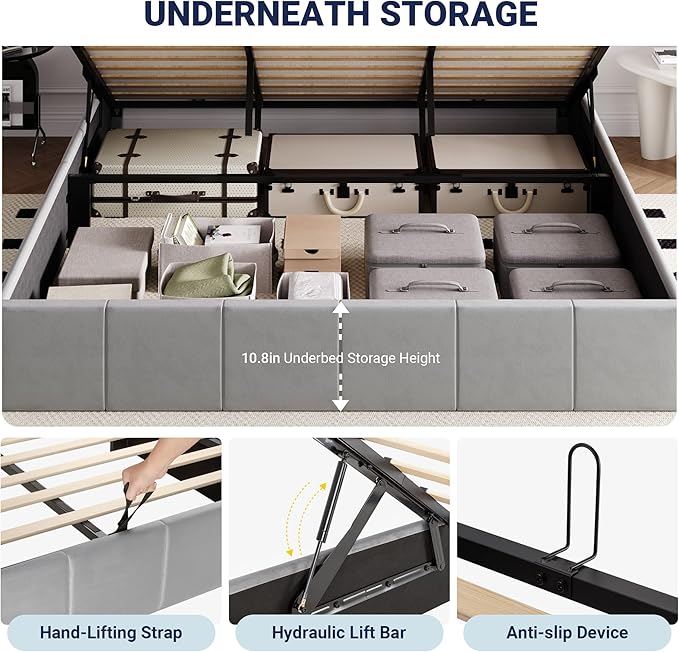 Allewie King Size Velvet Lift Up Hydrualic Storage Bed Frame, Grey | Vertical Channel Tufted Headboard, Hydrualic Underneath Storage, Upholstered Platform Bed, No Box Spring Needed